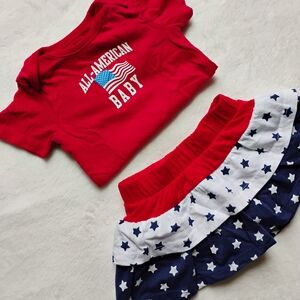 Tiered Red White And Blue Stars Skort With All American Baby Onesie | 3-6M